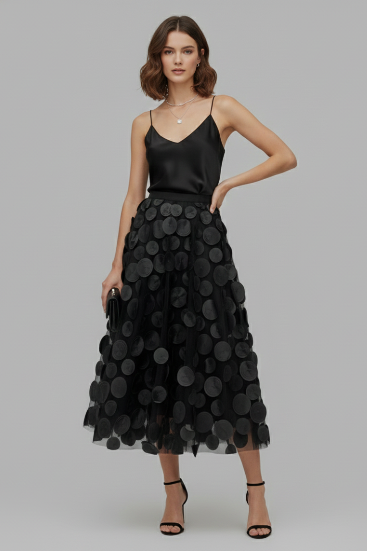 Stylish A-line polka dot full skirt for women, ideal for both casual wear & elegant parties.
