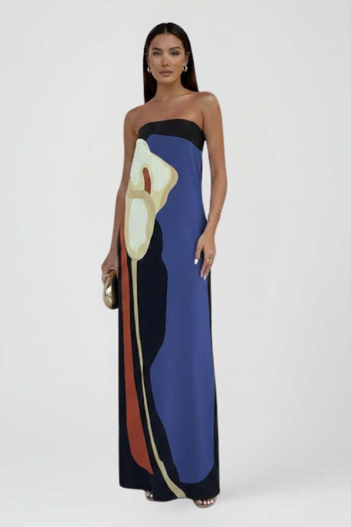 Colorful abstract print strapless maxi dress, a flowy and elegant summer dress for women.