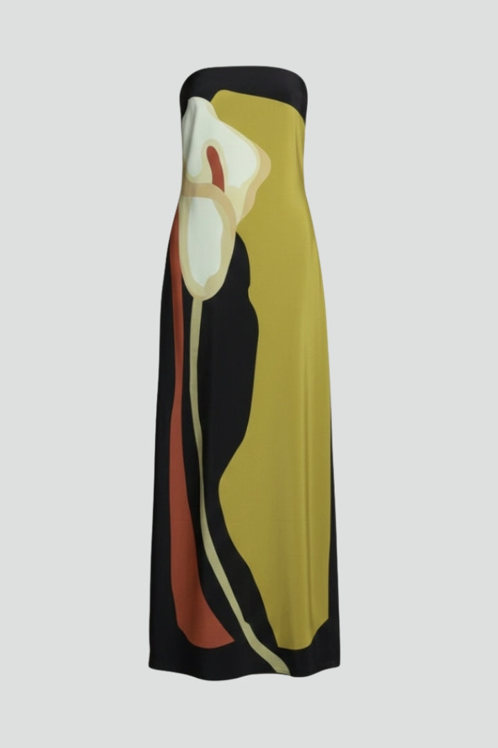 Women's strapless maxi dress featuring vibrant abstract print, perfect for summer vacations & beach.