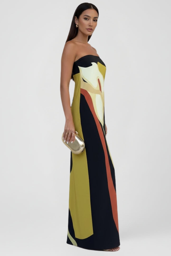 Vibrant abstract print women's strapless maxi dress, great for beachwear, vacations & sunny days.