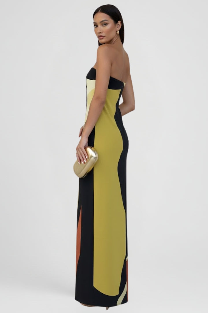 Colorful abstract strapless maxi dress for women, a stylish and comfortable summer vacation outfit.