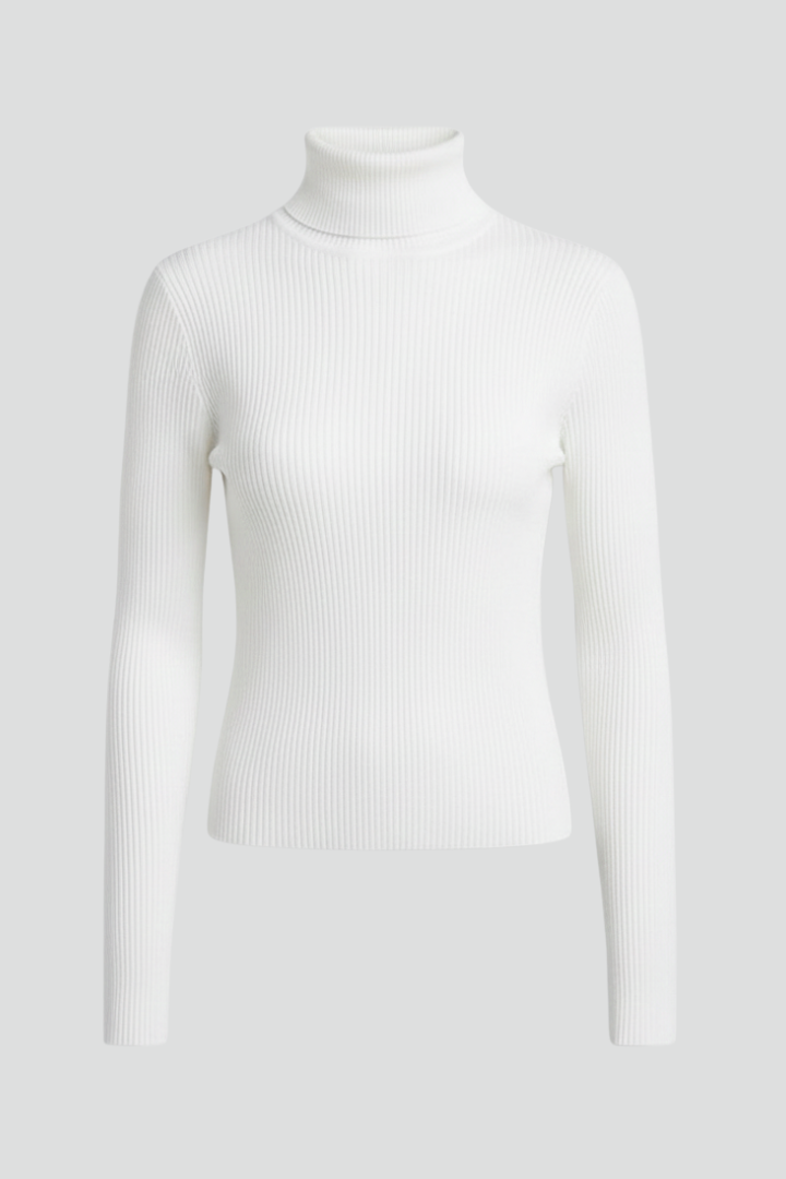 Women's high neck ribbed knit sweater in classic black, perfect for elegant winter layering.