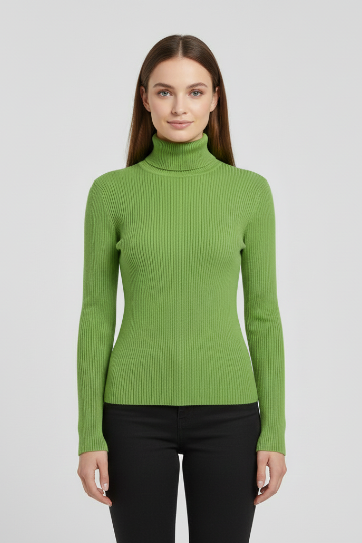 Side profile: Women's high neck ribbed sweater in white, an elegant long sleeve knit top.