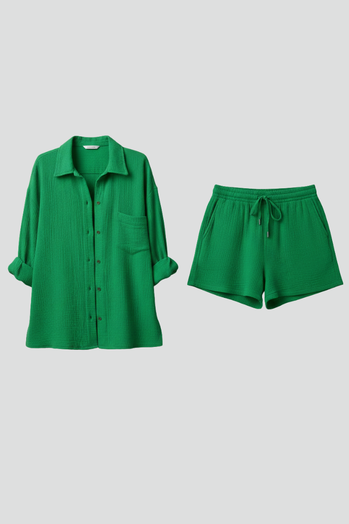 Women's relaxed two-piece lounge set with long sleeve shirt & shorts for ultimate comfort.