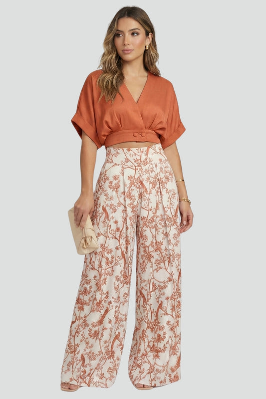 Women's V-neck top and wide leg pants co-ord set. Comfortable & chic for spring/summer.