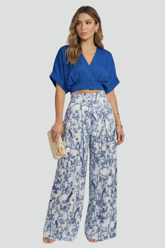 Elegant women's co-ord set: V-neck top & wide-leg pants. Perfect for versatile spring fashion.