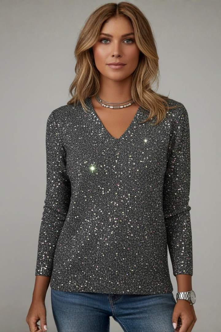 V-neck sequin sweater for women, a dazzling and glamorous long sleeve top for chic evening wear.