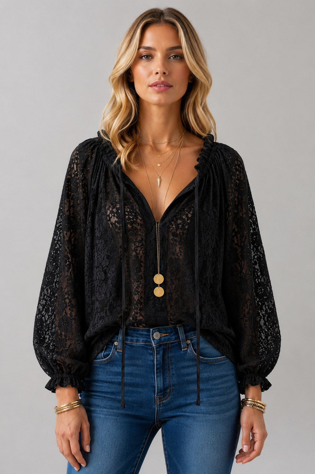 Stylish women's blouse with an elegant tied neckline, delicate lace fabric & long sleeves. Feminine top.