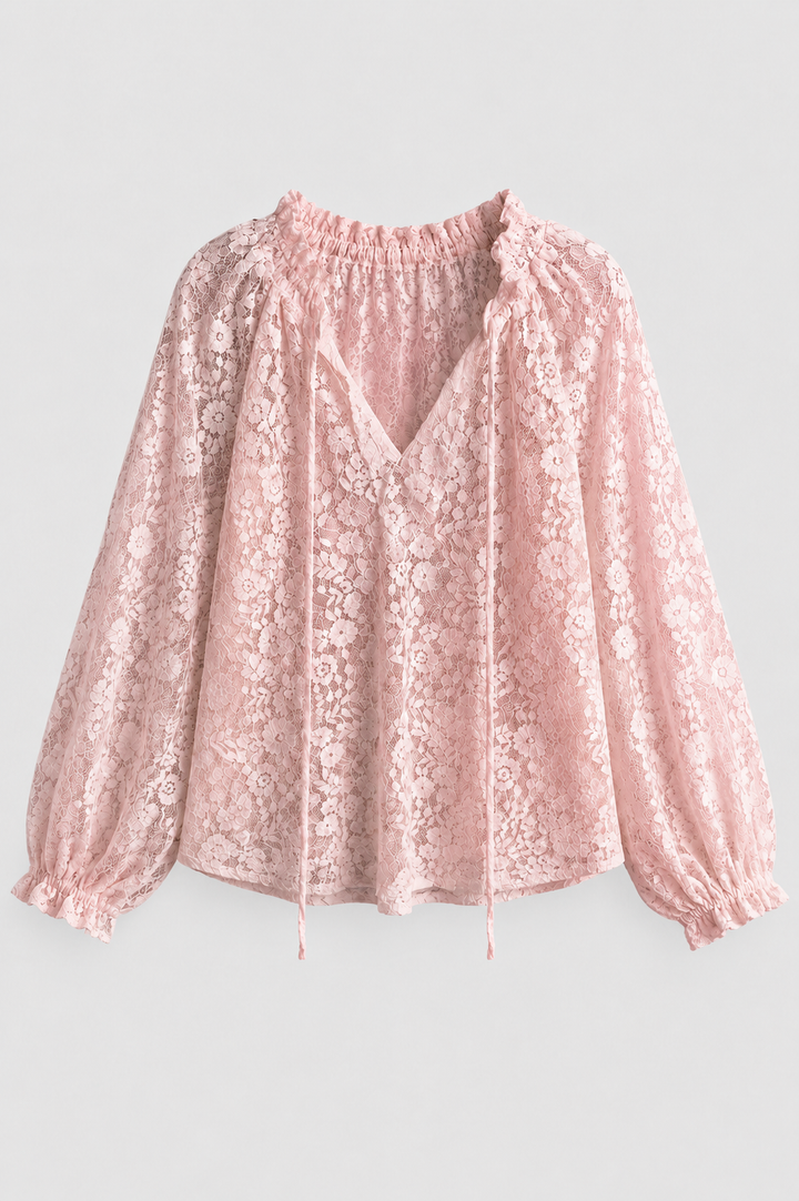 Women's elegant lace blouse with tied neckline, long sleeves & flowy design. Feminine & stylish top.