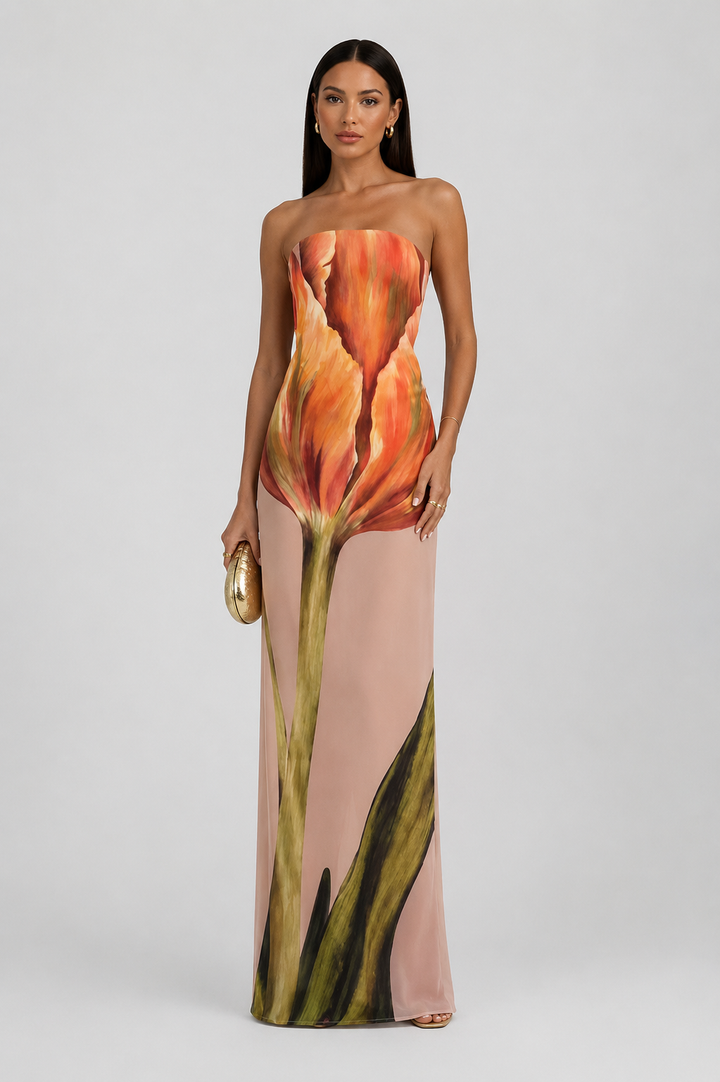 Stylish strapless maxi dress for women, featuring a vibrant, colorful abstract print, ideal for summer.