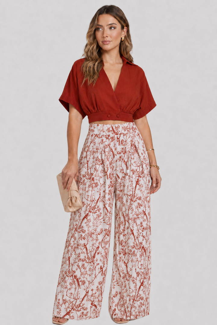 Flowy wide leg trousers & V-neck top in a comfortable women's two-piece set, great for summer.