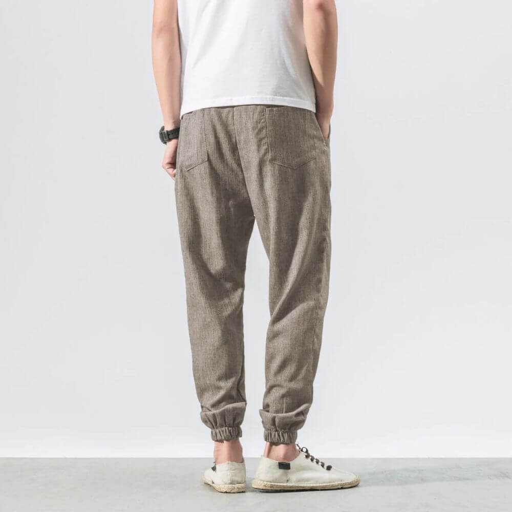 Breathable men's jogger pants, drawstring waist, great for warm weather.