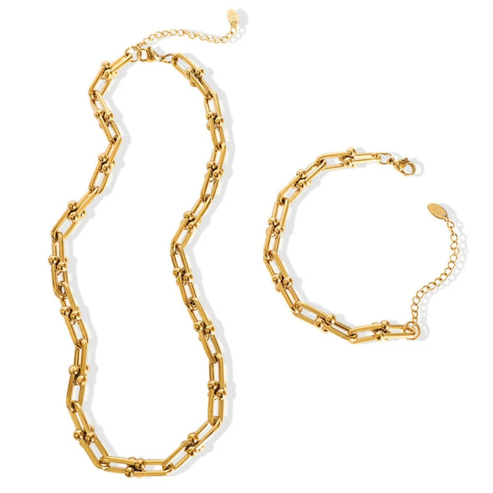 Stunning women's gold link chain jewelry set; elegant necklace and bracelet, perfect fashion accessory gift.
