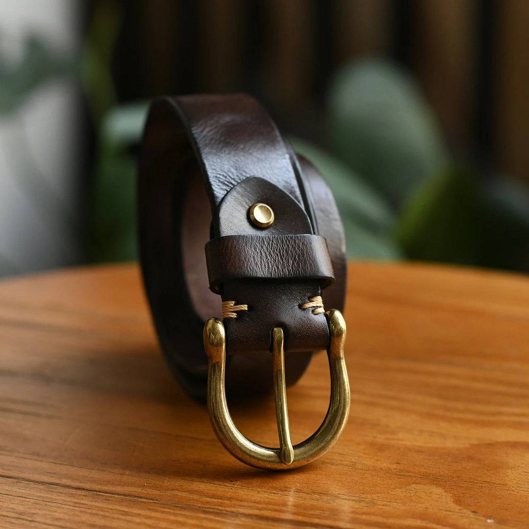 Stylish men's durable full-grain leather belt. Premium cowhide accessory for any occasion.