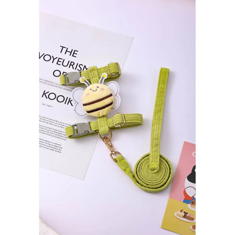 Bee motif dog harness and lead set displayed on a white background, highlighting pet fashion and details.
