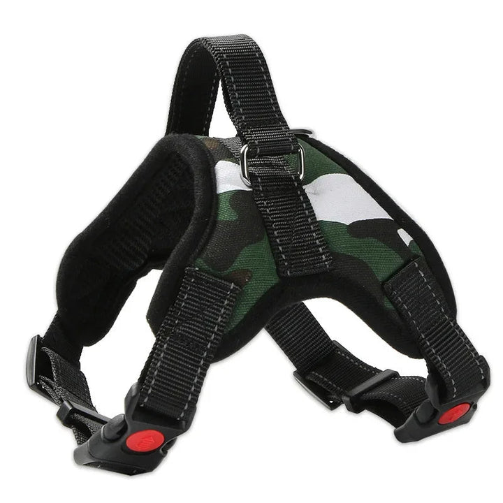 Reflective dog harness in red, highlighting stitching detail for enhanced visibility during walks.