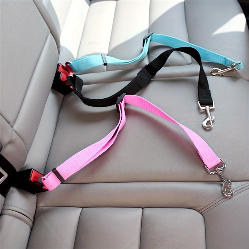 Unisex pet safety seat belt harness for car, durable nylon restraint for dog and cat vehicle travel.