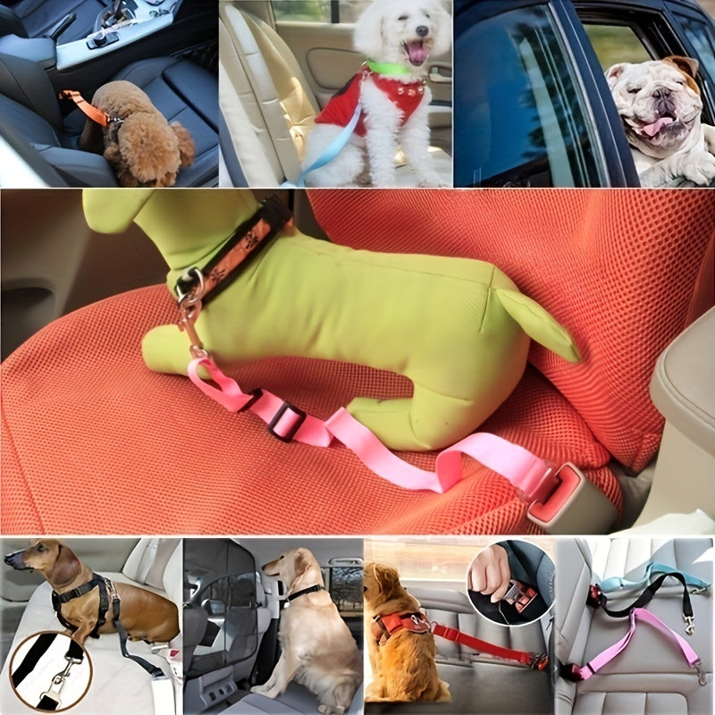 Dog car belt, adjustable safety seatbelt for pets, black nylon against a car seat background.