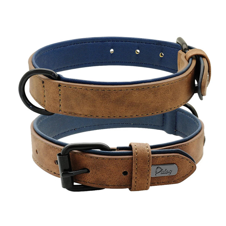 Adjustable brown leather dog collar with brass buckle for large breeds, padded for comfort