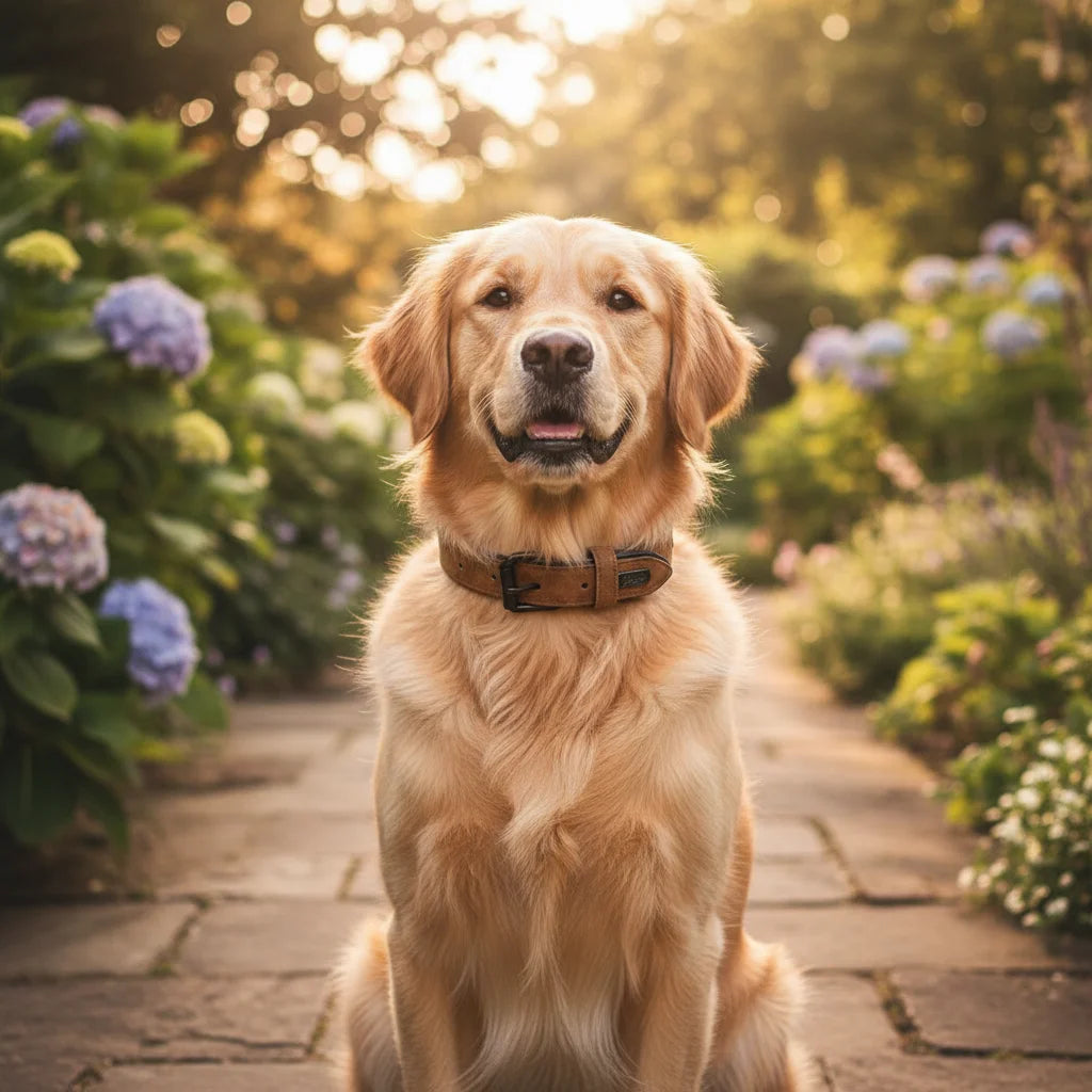 Large dog leather collar, tan, with heavy-duty buckle, adjustable, perfect for dog walking