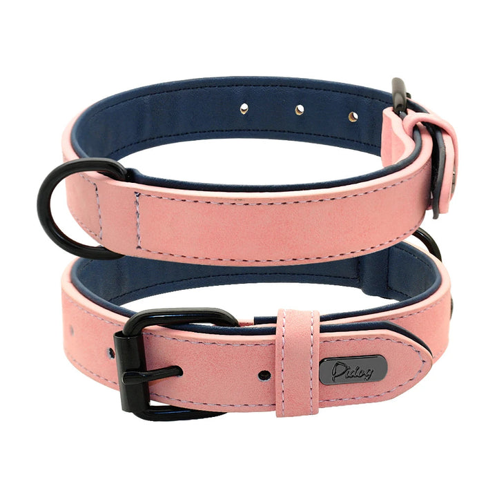 Front view of an adjustable blue leather dog collar with strong D-ring for leash attachment