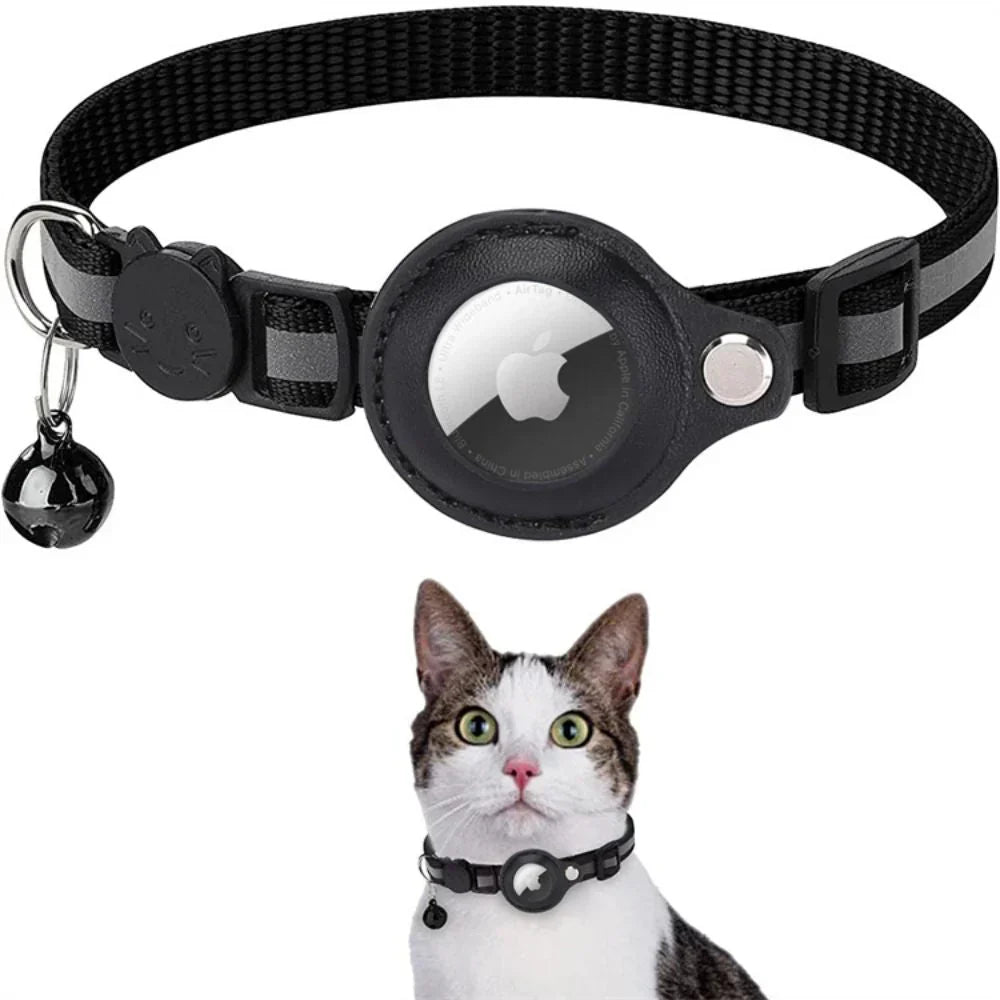 Black adjustable pet safety collar for cats, with small bell for tracking