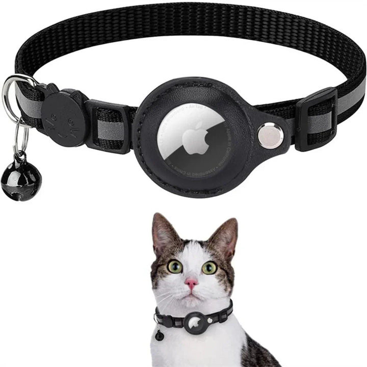 Black adjustable pet safety collar for cats, with small bell for tracking