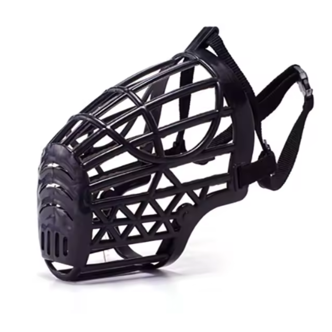Adjustable dog muzzle for training, breathable basket design for pet safety and anti-bite protection.