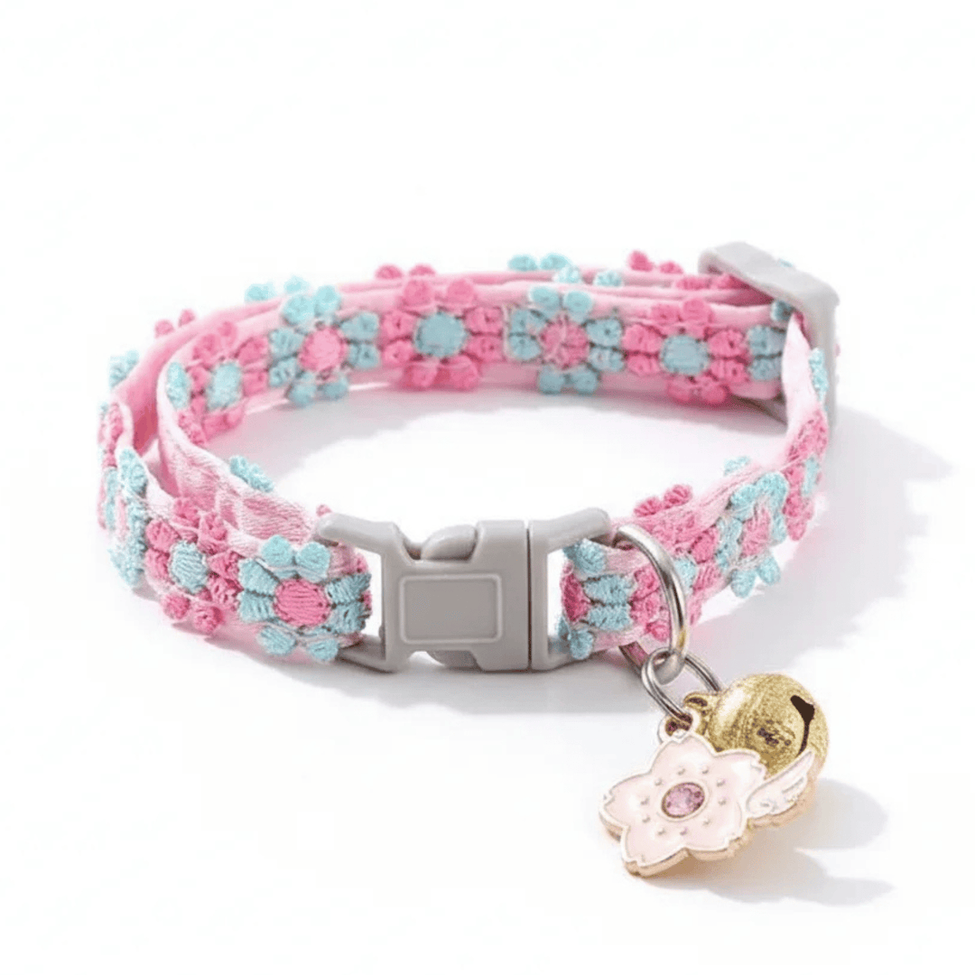 Adjustable floral cat collar with bell for small pets, made of durable nylon