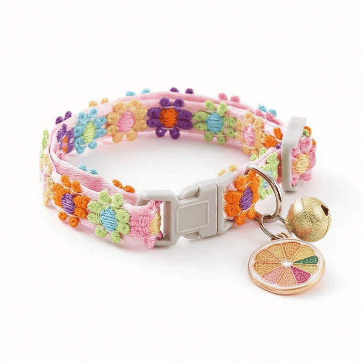Pet accessory: adjustable nylon collar with a vibrant floral pattern and bell