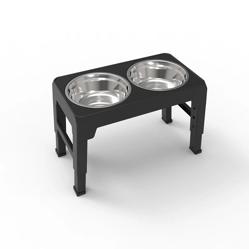 Adjustable height elevated dog feeder with two stainless steel bowls, promoting healthy pet dining.