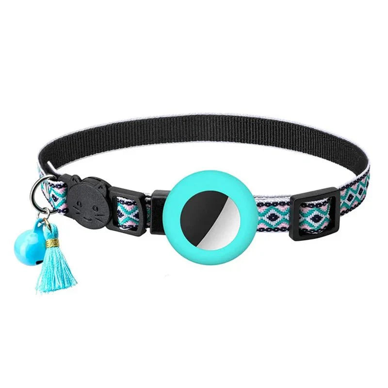 Adjustable reflective cat collar with tracker holder, durable nylon for pet safety