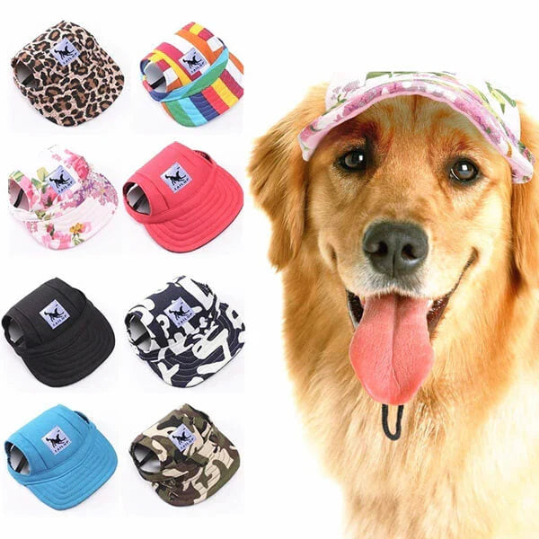 Adorable dog wearing a blue Unisex Pet Sun Protection Baseball Cap, shielding eyes from sun