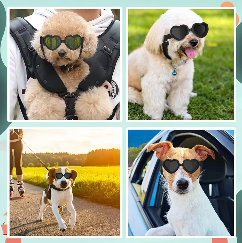 Adorable dog wearing heart-shaped UV protection sunglasses with adjustable strap, perfect for pet fashion.
