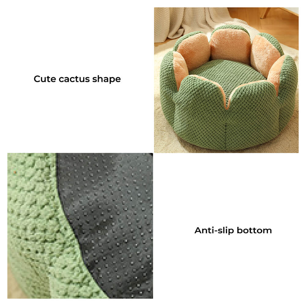 Close-up of the plush interior of a cactus shape pet bed, a washable and comfy cat and dog bed