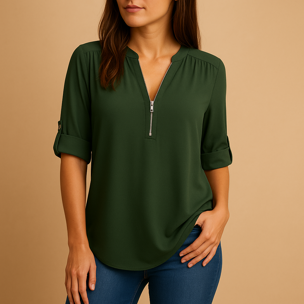 Stylish women's V-neck shirt, versatile for work or casual outings, offering an elegant summer style.