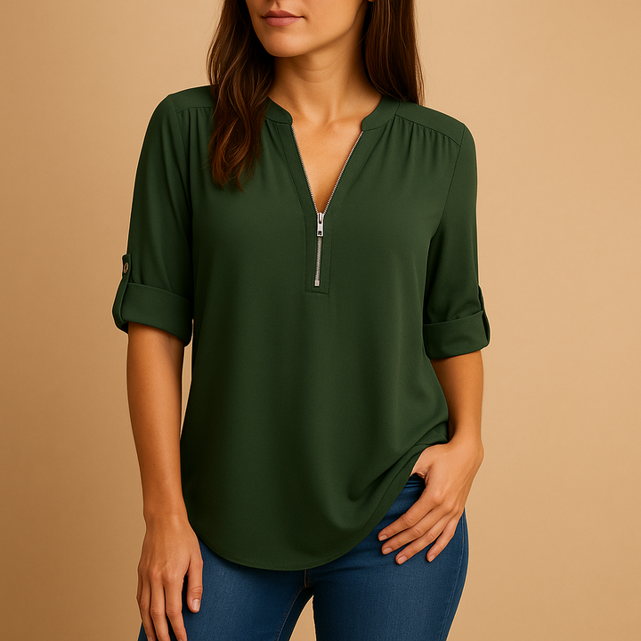 Stylish women's V-neck shirt, versatile for work or casual outings, offering an elegant summer style.