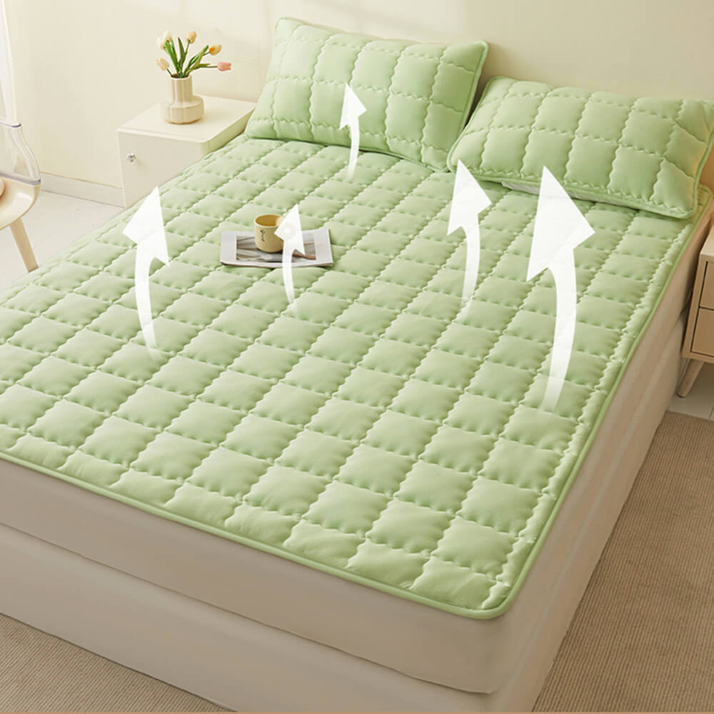Perspective shot of new all-season quilted mattress topper, ideal for home decor upgrade