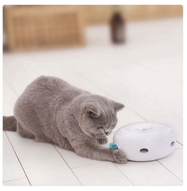 Automatic interactive cat toy with a vibrant rainbow feather for engaging playtime and cat exercise.