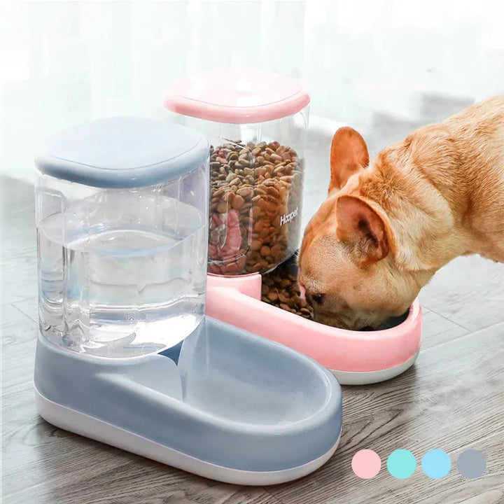Automatic pet food and water dispenser for dogs & cats, ensuring portion control and hydration.