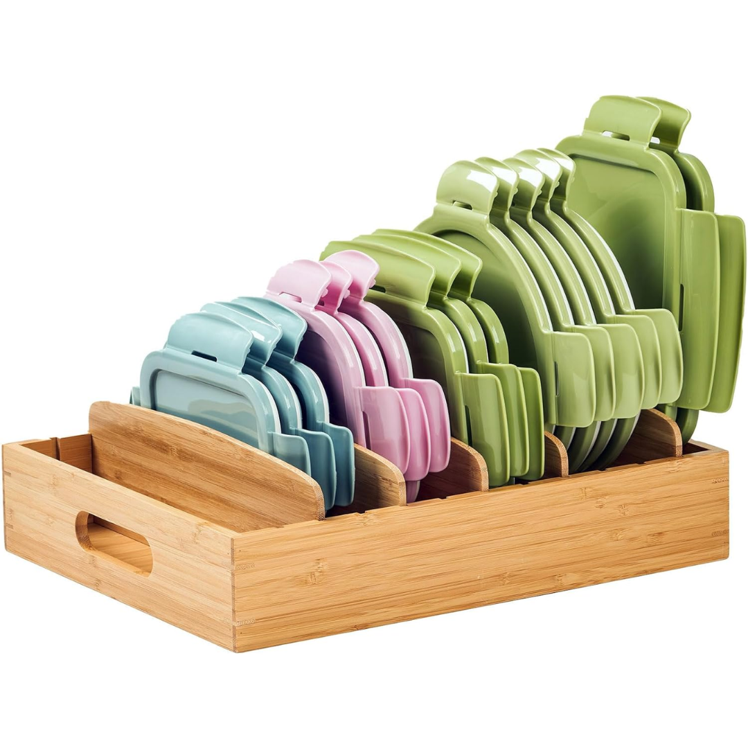 Durable bamboo kitchen lid organizer, a practical solution to declutter and organize cabinet contents.