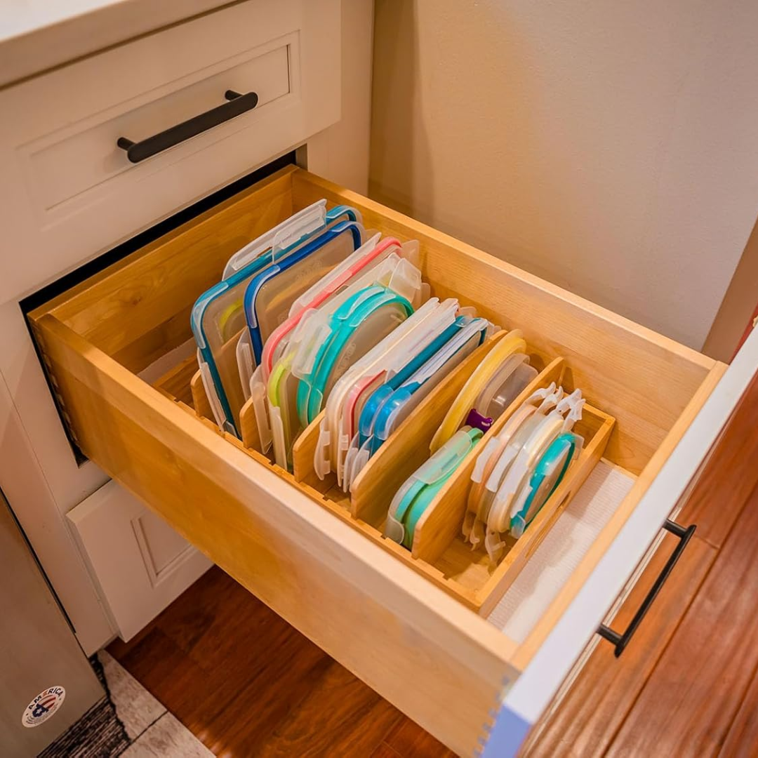 TopKeeper bamboo lid organizer, decluttering kitchen cabinets & drawers, space-saving kitchen solution.