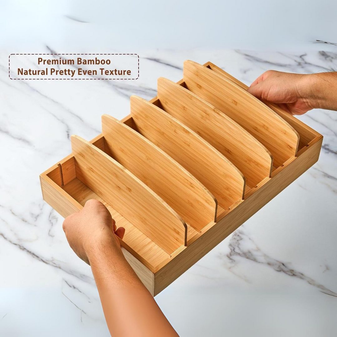 Adjustable bamboo lid holder for kitchen cabinets. Tidy up your kitchen with this smart storage solution.