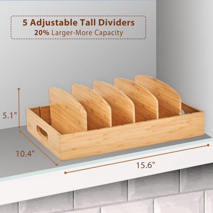 Natural bamboo lid organizer for kitchen drawers & cabinets, ensuring neat and accessible lid storage.