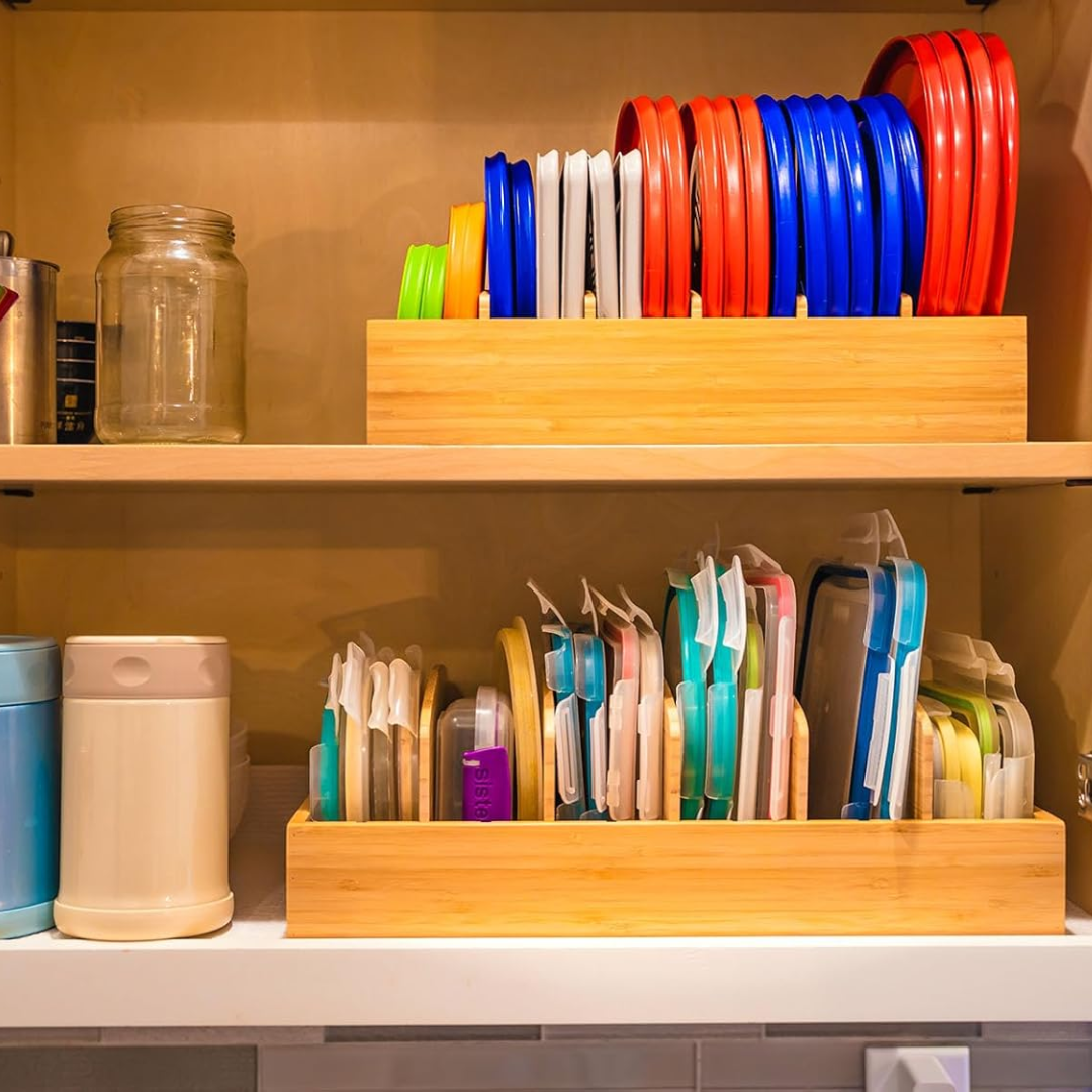 Eco-friendly bamboo smart kitchen lid organizer. Efficiently store pot & pan lids for tidy cabinets.