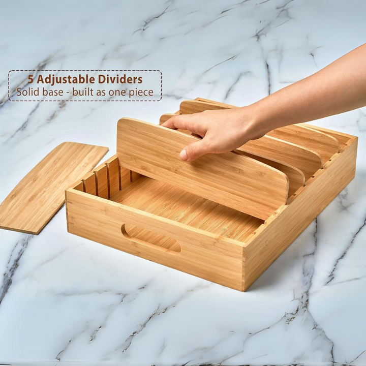 TopKeeper bamboo lid storage with adjustable dividers, a modern solution for organized kitchen cabinets.