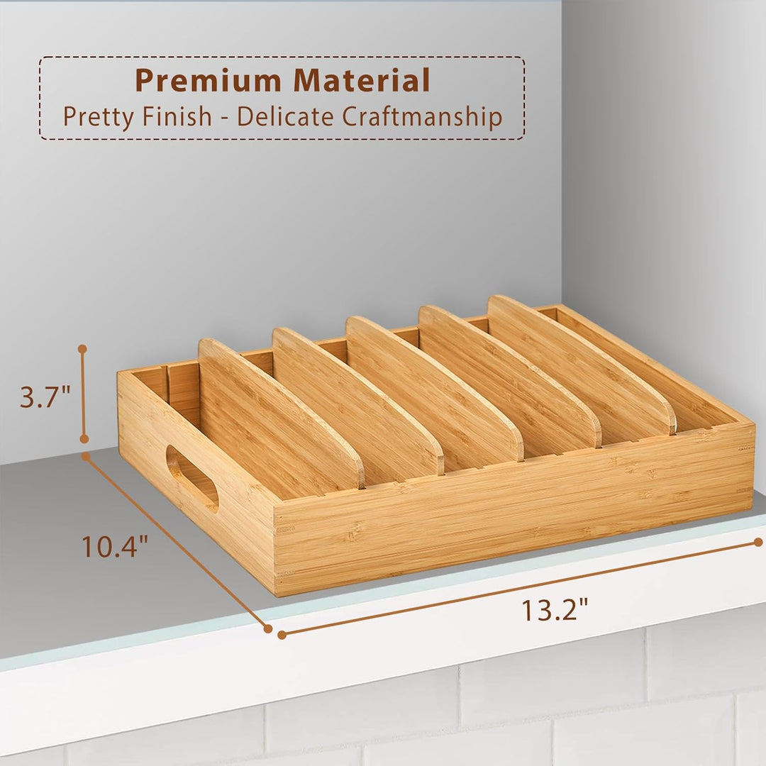 Space-saving bamboo lid organizer for easy access & neat kitchen cabinet organization of pot lids.