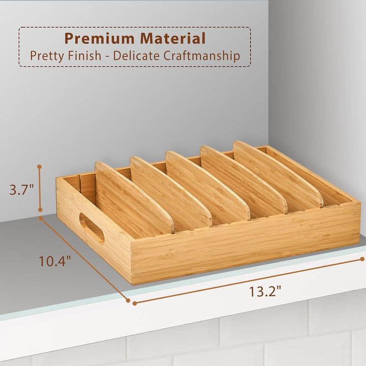 Space-saving bamboo lid organizer for easy access & neat kitchen cabinet organization of pot lids.