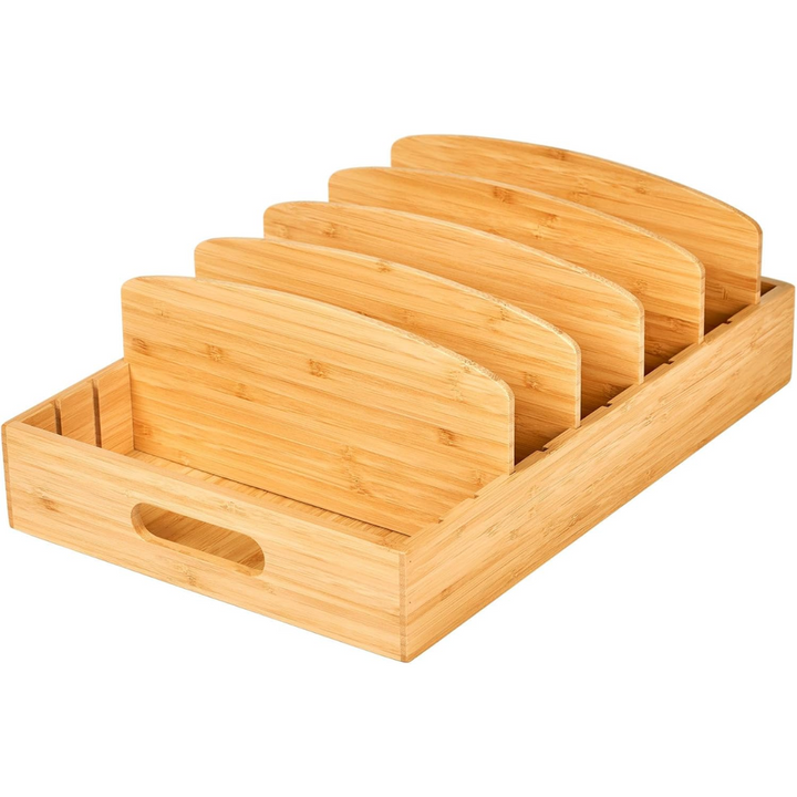 Smart bamboo kitchen lid organizer with adjustable dividers for efficient cabinet & drawer storage.