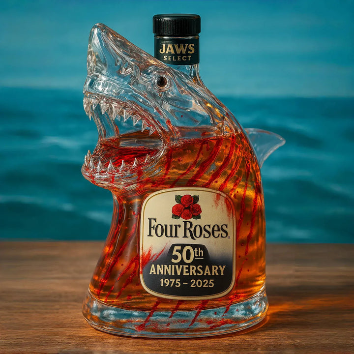 Hand-blown glass Great White Shark decanter. Elegant collectible barware for whiskey, spirits, and home display.